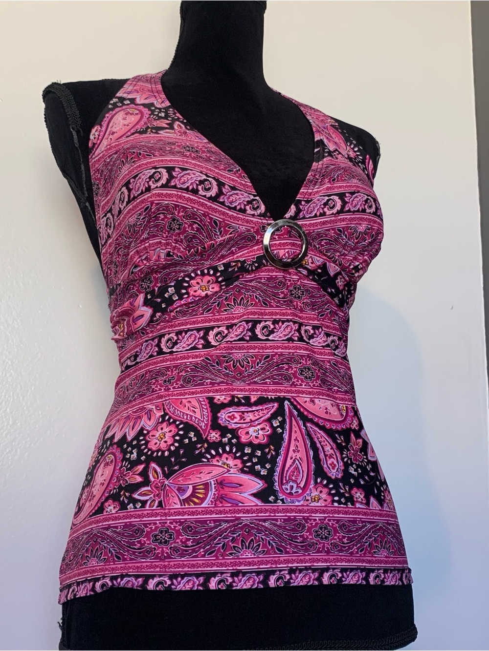 Cache Pink Paisley V-Neck Tank with Ring Accent